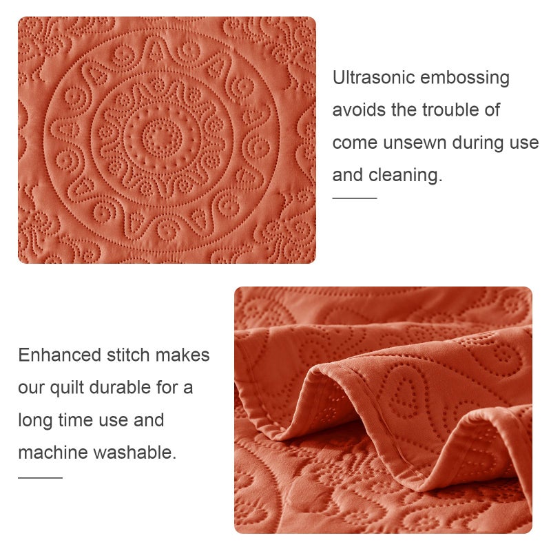 WURUIBO Burnt Orange Quilt Set King/Cal King Size  Embossing Microfiber Bedspreads with Pillow Sham  Ligthweight Breathable Thin Coverlet  Reversible Bedding Set for All Season(1 Quilt 2 Pillow Shams) - Image 5